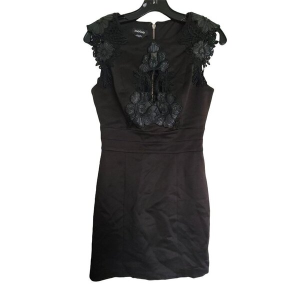 Bebe Black Floral Lace Cap Sleeve Exposed Back Silver Zipper Satin Mini Dress XS - Picture 1 of 12